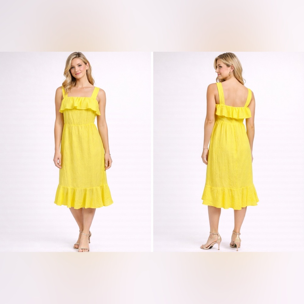Papagallo Dress Yellow 8 Cruise Resort Wide Strap Smocked Y2K Midi Ruffle NWT
